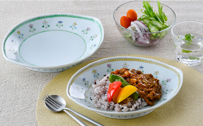 【波佐見焼】はなごよみ ヤシの実型皿 プレート お皿 グリーン・黄色 ペアセット【藍水】 [GB36]