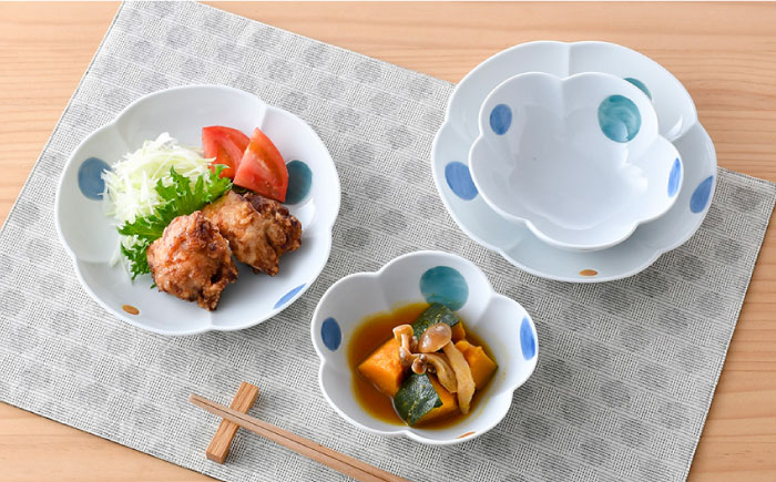 【波佐見焼】水玉 フラワー ボウル プレート セット【松幸陶芸】 [HB47]