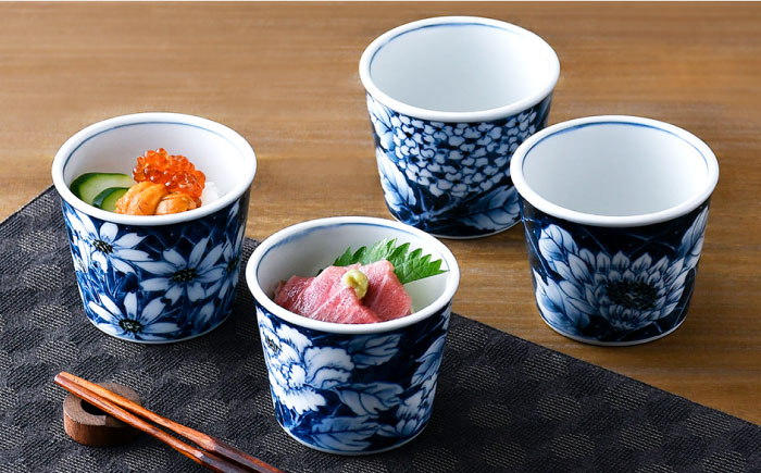 【波佐見焼】花絵染付 そばちょこ 4点セット【青以窯】 [HD06]