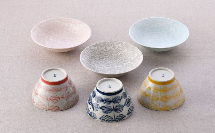 【波佐見焼】カラフル小鉢・お茶碗セット レース柄 木の葉柄 6点【トーエー/堀江陶器】 [NB135]