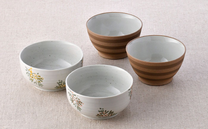 【波佐見焼】丼ぶりセット ボーダー 花柄 4点セット【舘山堂/団陶器】 [NB139]