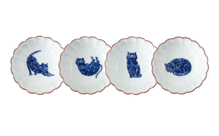 【波佐見焼】呉須猫 菊割小付 柄違い4点セット【西海陶器】 [OA501]