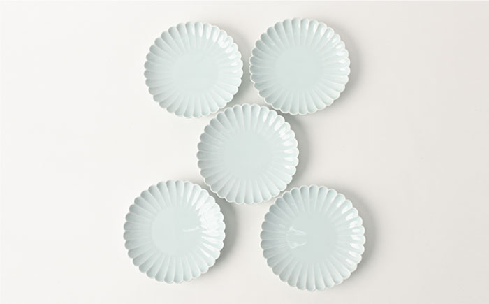 【波佐見焼】菊彫 青白釉 7寸皿 プレート 5枚セット【福田陶器店】 [PA209]