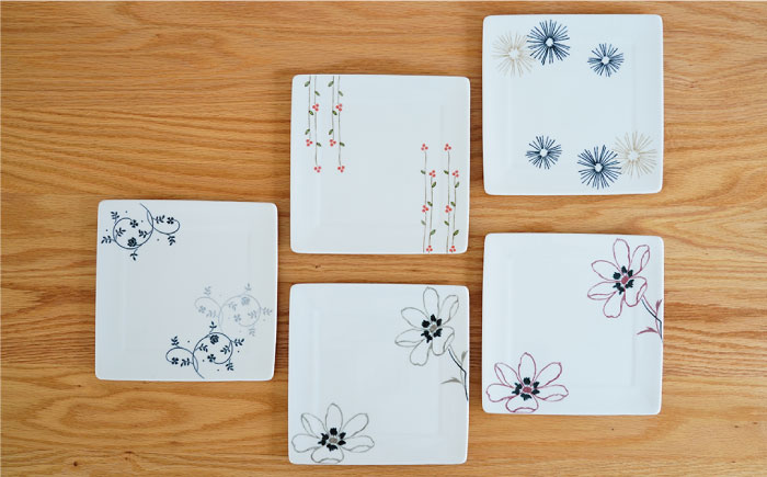 【波佐見焼】絵変り 正角皿 プレート 5枚セット【団陶器】 [PB63]