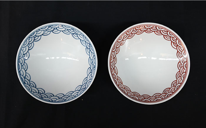 【波佐見焼】はさみ平茶碗 青海波（呉・朱） 茶碗 ペア【協立陶器】 [TC89]