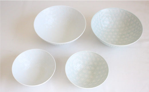 【波佐見焼】麻の葉シリーズ ボウル M・L（白磁・青磁） 4個セット 小鉢 【陶芸ゆたか】 [VA85]