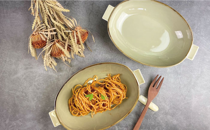 【波佐見焼】グラタン皿 大 ベージュ 2枚セット カレー皿 パスタ皿 【和山】 [WB123]