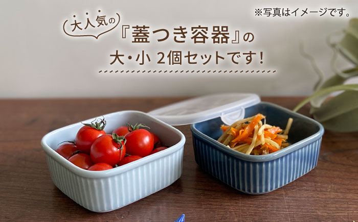 【波佐見焼】便利な蓋つき容器 大・小（ブルーグレー）2個セット 保存容器 【和山】 [WB128]