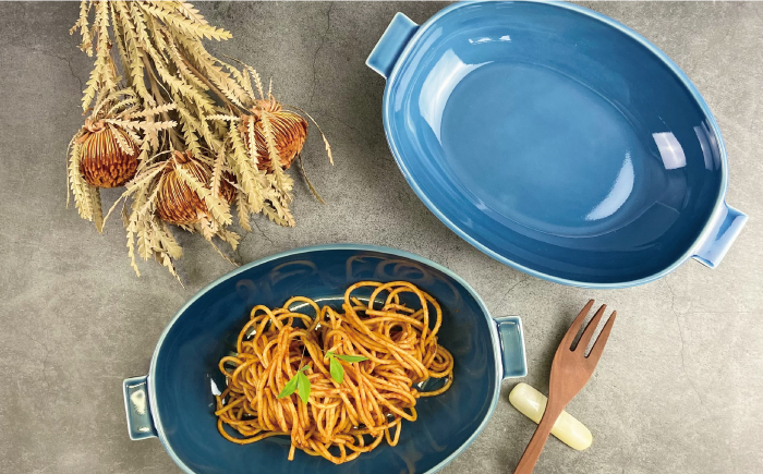 【波佐見焼】グラタン皿 大 薄瑠璃 2枚セット カレー皿 パスタ皿 【和山】 [WB131]