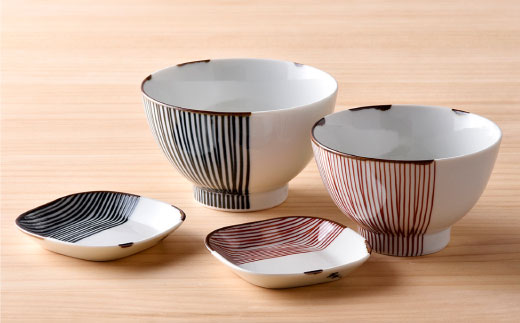 【波佐見焼】ハ－フラインシリ－ズ もてなし碗・角豆皿 4点セット 茶碗 豆皿 小皿  食器 皿 【まるしん】 [WD09]