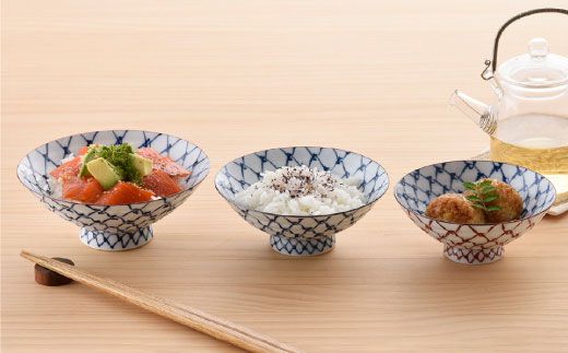 【波佐見焼】手描き掛け網 茶碗 大 ・ 中・ 小 3点セット【まるしん】 どんぶり 丼 食器 [WD13]