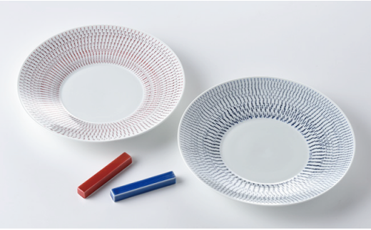 【波佐見焼】糸飛び色染カンナ 24cm プレート ペアセット【一真窯】 [BB06]