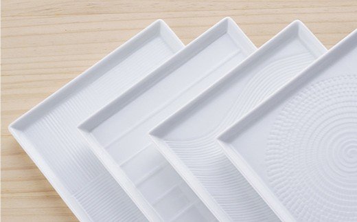 【波佐見焼】白磁手彫 スクエア皿 プレート 13.5cm 4点セット【一真陶苑】 [BB31]