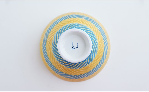 【波佐見焼】ペア飯碗 茶碗 ブルー・オレンジオブリック文(斜線文) 【勲山製陶】 [CD01]