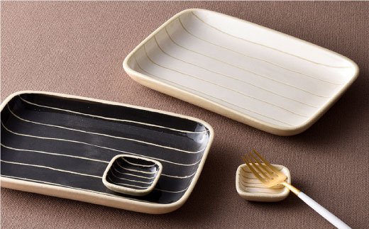【波佐見焼】Line彫 ロングトレーペアセット 角皿 食器 陶器 【利左エ門窯】 [QB28]