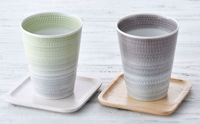 【波佐見焼】色染め流し フリーカップ （大） パープル・グリーン【一真窯】 [BB60]