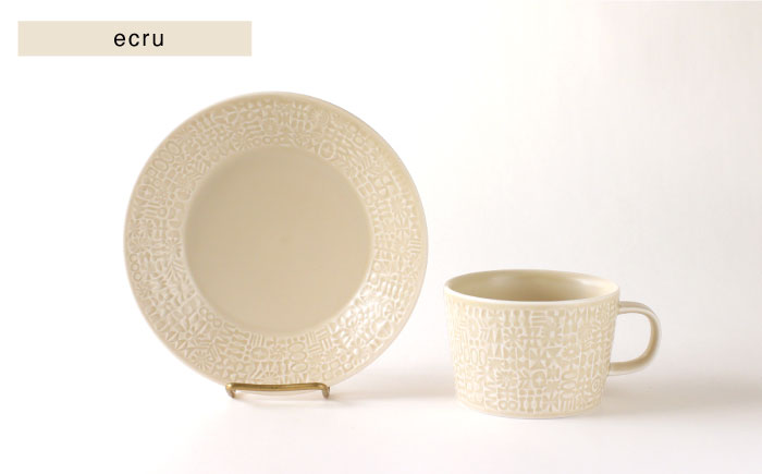 【波佐見焼】PATTERNED PLATE・MUG ペア 4点セット yellow + ecru【BIRDS’ WORDS】 [CF042]