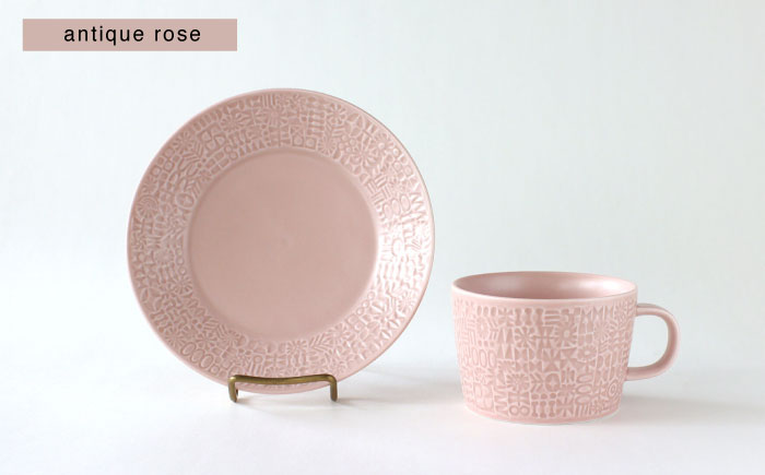 【波佐見焼】PATTERNED PLATE・MUG ペア 4点セット squall gray + antique rose　【BIRDS’ WORDS】 [CF085]