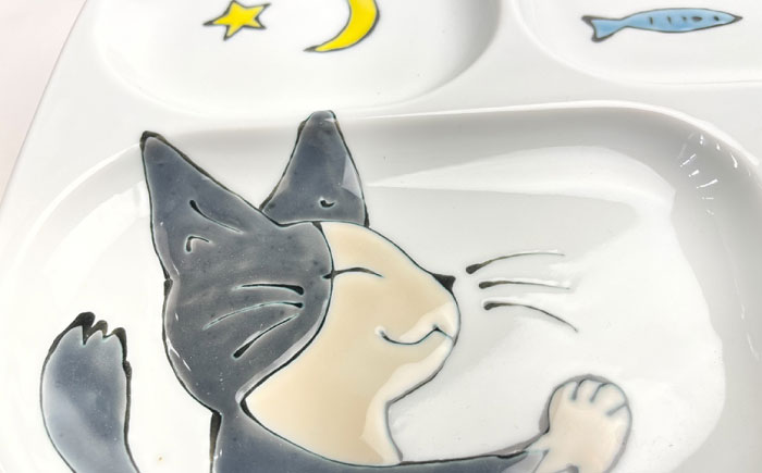 【波佐見焼】ネコチャン 仕切り プレート ミニ マグカップ ミニ 茶わん 3点セット 仕切り皿 子ども食器【大新窯】 [DC119]