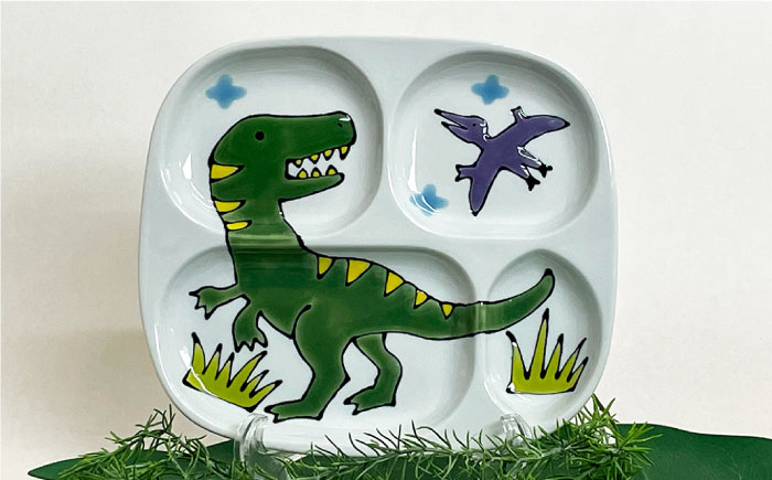 【波佐見焼】子ども食器 3点セット「ティラノサウルス」プレート ・ミニ マグカップ・茶椀【大新窯】 [DC83]