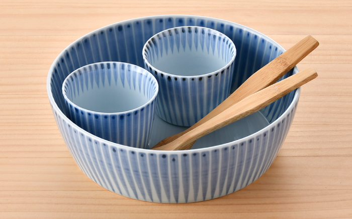 【波佐見焼】十草 丸 大鉢 1点 そばちょこ 2点（青色）【大新窯】 [DC88]