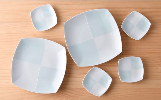 【波佐見焼】青磁市松角皿セット【洸琳窯】 [GE12]