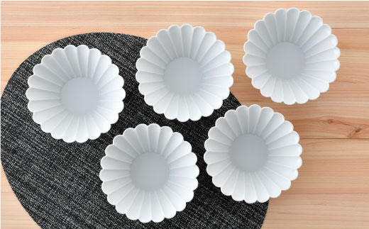 【波佐見焼】菊型 大鉢 ボウル  5点セット（白）【洸琳窯】 [GE21]