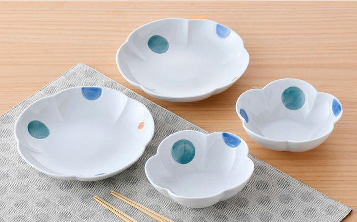 【波佐見焼】水玉 フラワー ボウル プレート セット【松幸陶芸】 [HB47]