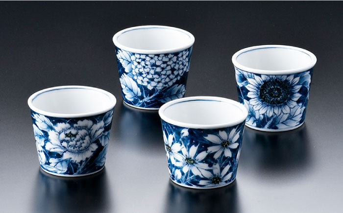 【波佐見焼】花絵染付 そばちょこ 4点セット【青以窯】 [HD06]