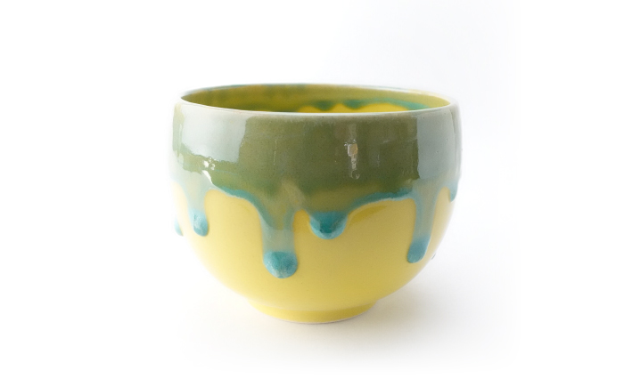 【波佐見焼】Folk Design ラウンドボウル 黄地緑釉流し  1点【玉有】 [IE44]