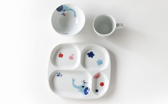 【波佐見焼】子供食器 ぞうくん 3点セット 仕切り皿 プレート マグカップ 茶碗【奥川陶器】 [KB50]