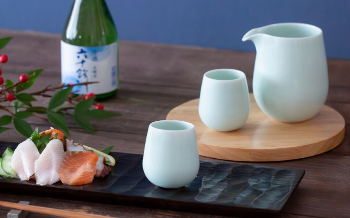 【波佐見焼】　青磁 半酒器 3点セット　【西海陶器】 [OA428]