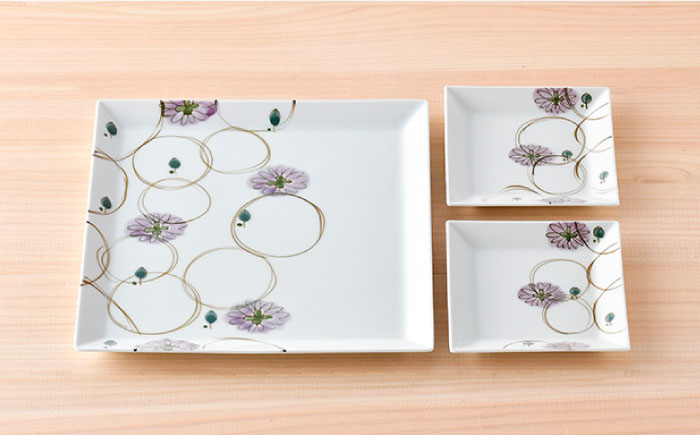 【波佐見焼】丸紋フラワー 角盛皿＆角銘々皿 角皿 3枚セット【陶豊】 [OE21]