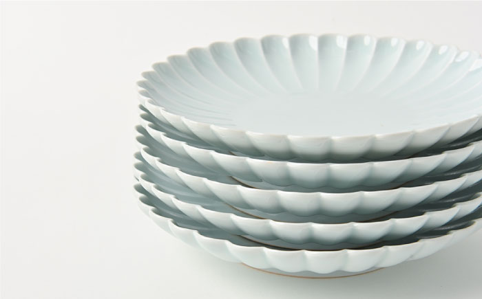 【波佐見焼】菊彫 青白釉 7寸皿 プレート 5枚セット【福田陶器店】 [PA209]