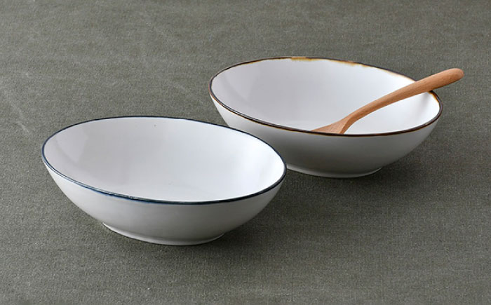 【波佐見焼】オーバル ボウル（渕錆ライン/渕青ライン）  カレー皿 パスタ皿 ペアセット【ROXY・HASAMI】 [SB160]