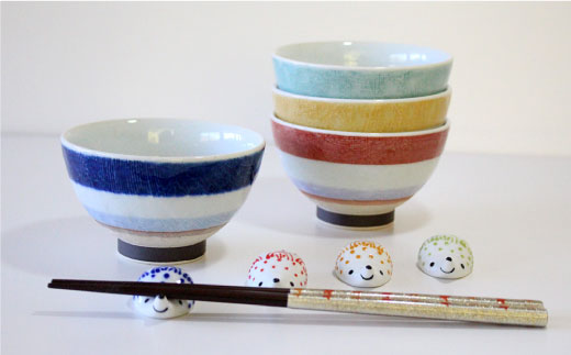 【波佐見焼】ニットボーダー 茶碗 ・レースはりねずみ 箸置き 8点セット【陶芸ゆたか】 [VA83]