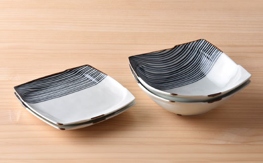 【波佐見焼】 ハ－フラインシリ－ズ 正角皿・角多様鉢 4点セット 取り皿 小皿 食器 【まるしん】 [WD06]