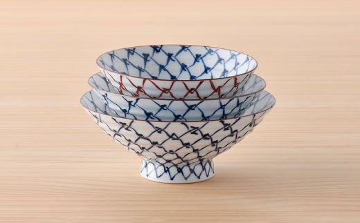 【波佐見焼】手描き掛け網 茶碗 大 ・ 中・ 小 3点セット【まるしん】 どんぶり 丼 食器 [WD13]