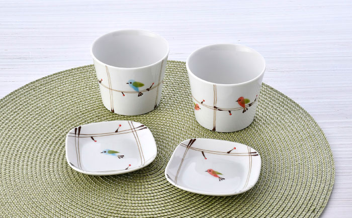 【波佐見焼】ことりの森 マルチカップ・角豆皿 4点セット【まるしん】 [WD40]