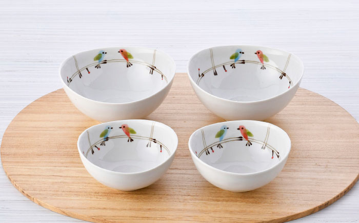 【波佐見焼】ことりの森 ボウル 大小4点セット【まるしん】 [WD44]