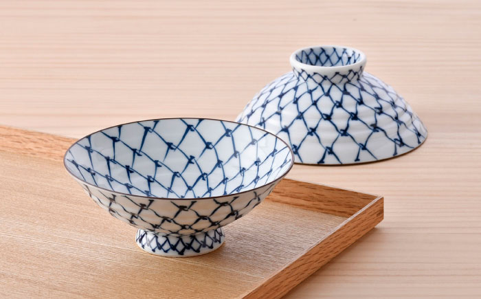 【波佐見焼】手描き掛け網 平茶碗 2点セット【まるしん】 [WD48]