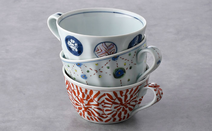 【波佐見焼】スープカップ 3点セット 丸紋・ヨーラク・タコ唐草【一夢窯】 [XE11]