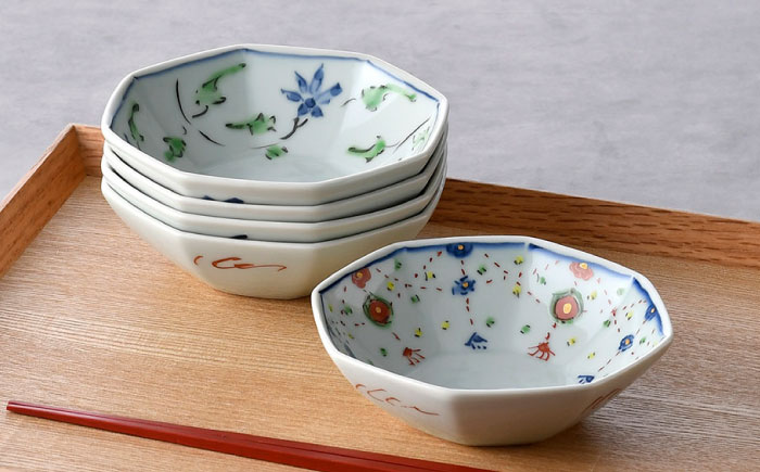 【波佐見焼】八角小皿 5柄セット 丸紋・花グリーン唐草・ヨーラク・万歴・花散らし【一夢窯】 [XE13]