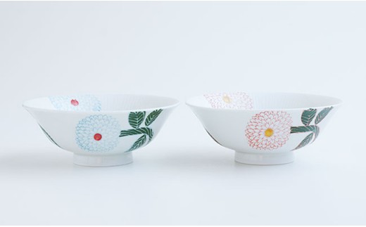 【波佐見焼】ダリア柄 マルチ碗 茶碗  ペアセット（小皿付）【勲山製陶】 [CD02]