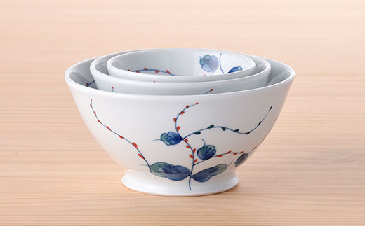 【波佐見焼】使いやすい水引草のぷっくり いれこ碗 茶碗 どんぶり 3点セット【松幸陶芸】 [HB16]