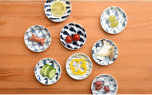 【波佐見焼】natural69 cocomarine×Janke 豆皿5枚セット 白くじら／色くじら／白チョウチンアンコウ／色チョウチンアンコウ／白スターフィッシュ [QA09]