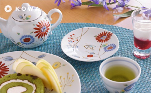 【波佐見焼】Bird Garden -小鳥ガーデン- アフタヌーンティセット ティーポット ・煎茶碗・3寸皿・7寸皿 湯呑 【光和陶器】 [SC03]