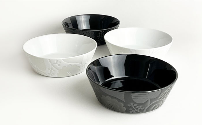 【波佐見焼】フロールシック（ホワイト・ブラック）浅型 ボウル 4点セット【西山】【NISHIYAMAJAPAN】 [CB123]