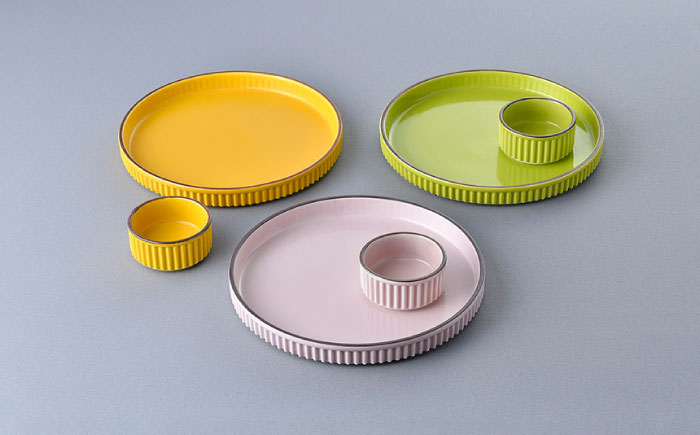 【波佐見焼】【ギアシリーズ】プレート（大）＆ココット3色セット（ピンク・イエロー・ライトグリーン）食器 皿【大新窯】 [DC129]