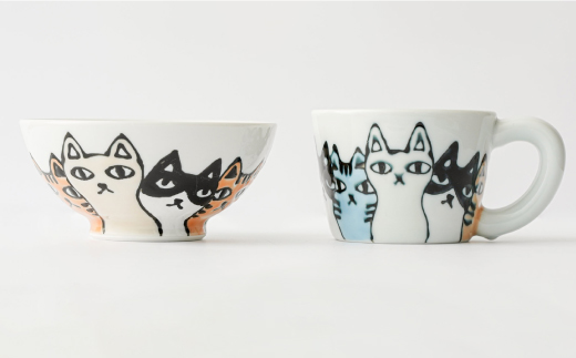 【波佐見焼】ネコ会議 仕切り プレート ミニ マグカップ・茶碗【大新窯】 [DC46]